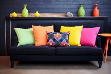 a selection of neon-hued throw pillows arranged on a black couch