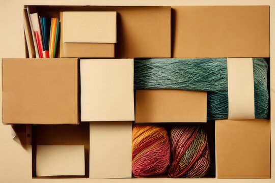 Pattern of cardboard, paper, colorful yarn and books on a shelf.