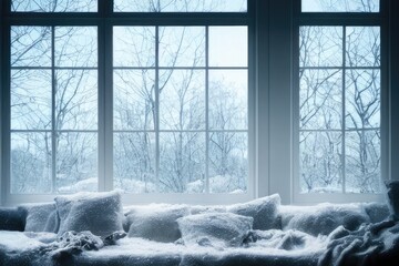 Snowing indoors in cold living room with winter tree landscape through window.