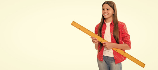 mathematics. positive teen girl hold ruler. back to school. algebra and geometry. Banner of...