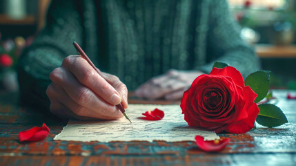 Red rose and a man's hand with a pencil writes in a notebook a love letter - obrazy, fototapety, plakaty