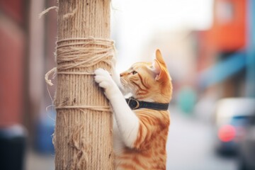 cat scratching on a sisal rope post - obrazy, fototapety, plakaty