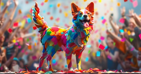 bekannt wie ein bunter Hund, Konzept zu Redewendung, ein farbenfroher Hund, der auf einem Podest steht und die Menschen im Hintergrund jubeln ihm zu. - obrazy, fototapety, plakaty