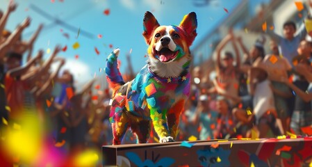 bekannt wie ein bunter Hund, Konzept zu Redewendung, ein farbenfroher Hund, der auf einem Podest steht und die Menschen im Hintergrund jubeln ihm zu. - obrazy, fototapety, plakaty