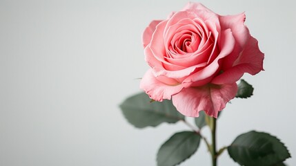 Pink rose flower against a white backdrop