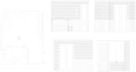 Vector sketch illustration of modern classic bedroom interior design with ensuite bathroom