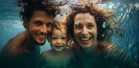 Happy family - mother, father, baby son learn to swim, training to dive underwater with fun in swimming pool to keep fit.