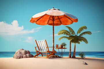 Sandy beach scene with palm trees and umbrella and chair, holiday summer background, travel illustration
