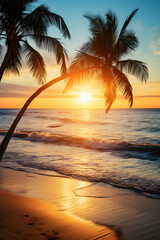 Sunset over the sandy beach and palm trees and sea waves, copy space