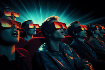 Obraz premium The audience watching a movie in the theatre wearing 3d glasses and showing thrilling expressions,