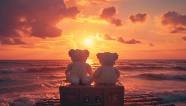 An artfully composed image of two teddy bears sitting on a vintage suitcase, gazing at a mesmerizing sunset