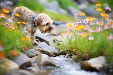 dog sniffing at the colorful spring flowers by a brook - obrazy, fototapety, plakaty
