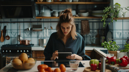 woman is preparing to cook while looking at the tablet on the kitchen table, minimalism kitchen, watching the recipe cooking tutorial.