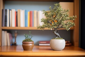 indoor faux olive topiary next to a bookshelf