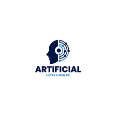 Artificial Intelligence head face with circuit brain processor computer system, creative modern illustration logo design