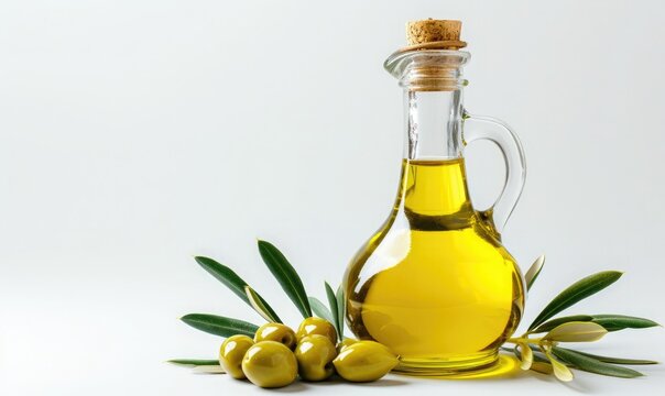 olive oil in a minimalist glass bottle, beside it there are olives. isolated background