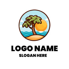 Flat logo sun ocean tree with beach view