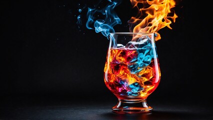 Colored cocktail on fire on a dark background, close-up