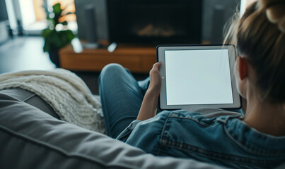 close up shot of blank white screen tablet used by a woman, rear view of woman, lying on the sofa, minimalism home.