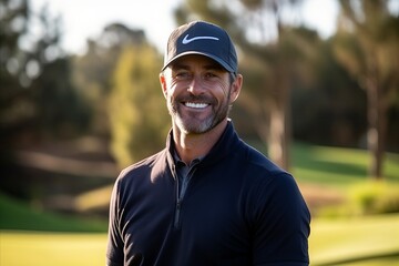 Portrait of a smiling male golfer standing on a golf course - obrazy, fototapety, plakaty