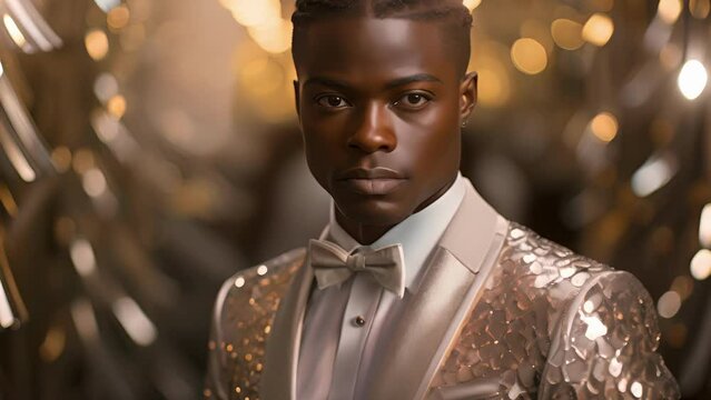 A confident African man stands tall surrounded in a shimmering sea of diamond jewels and luxury. His rous dark skin is highlighted