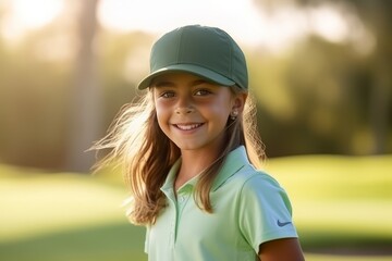 Portrait of a beautiful young girl smiling at the camera while playing golf