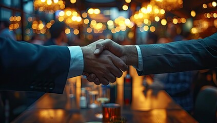 Close up of handshake in modern office symbolizing successful business partnership and teamwork with businessmen engaging in agreement concept of trust cooperation and professional communication