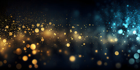background of abstract glitter lights. blue, gold and black. de focused. banner. Generative AI.