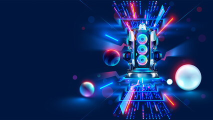 Electronic music party poster template in neon colors. Music speaker with RGB backlight in the dark. Robotic sound system on background of digital electronic lights. Background of disco musical banner - obrazy, fototapety, plakaty