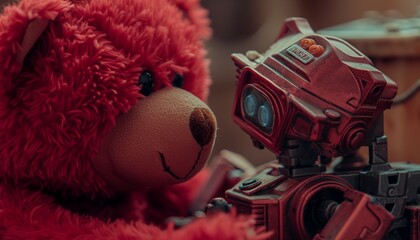 A close-up shot capturing the curiosity of a red teddy bear examining a toy robot, their interaction portraying a sense of wonder and discovery in a playful atmosphere