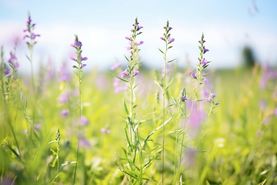 grass pea plants with purple flowers in a meadow
