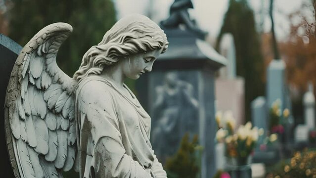 A winged figure gazing down at a memorial a symbol of mourning for those who have left this world.