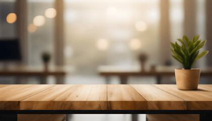 Rustic Wooden Table with Bokeh Lights in a Room and Nature-inspired Background