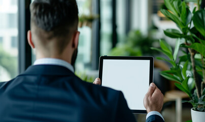 close up shot of blank white screen tablet used by a businessman wearing suit, rear view of man, at the work desk, minimalism office room.
