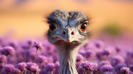 Close-up of an ostrich among a field of lavender. - obrazy, fototapety, plakaty