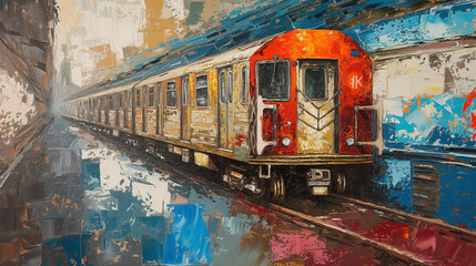Fototapeta premium Expressive train painting with urban texture.