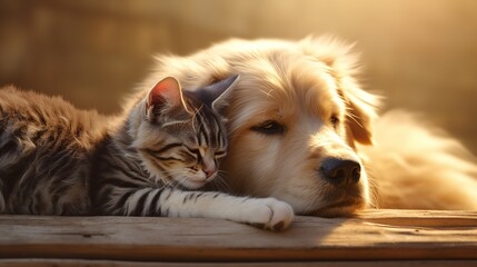 Cute Ginger Cat and Dog Sleeping Outdoors - Genuine Friendship

