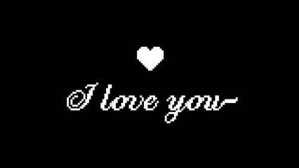 Valentines day background with pixel art hearts and cursive type typography of I love you text. Vector illustration. posters, brochure, banner, black and white, red, hot pink, pastel pink