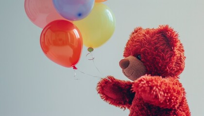 A close-up shot capturing the red teddy bear's delight as it plays with a vibrant toy balloon, their shared moment of joy depicted against a clear and uncluttered background - obrazy, fototapety, plakaty