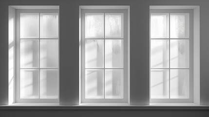 Three windows with white curtains and sunlight.