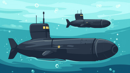 Two submarines underwater, cartoon style illustration.