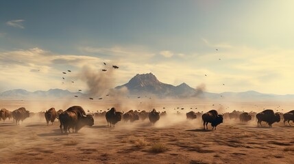 Herd of Bison Running Across a Field - Dynamic Wildlife Scene

