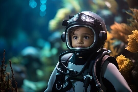 Beautiful little girl with a scuba diver costume in underwater world
