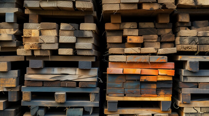 Stacked lumber in various colors and sizes.