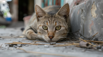 Tabby cat lying down with a watchful gaze.