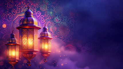 wallpaper banner background for eid, ramadan, lantern in luxury background, purple theme, islamic mandala