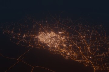 Aerial shot on Multan (Pakistan) at night, view from west. Imitation of satellite view on modern city with street lights and glow effect. 3d render - obrazy, fototapety, plakaty