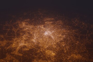 Aerial shot of Sheffield (England, UK) at night, view from north. Imitation of satellite view on modern city with street lights and glow effect. 3d render - obrazy, fototapety, plakaty