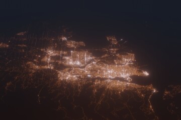 Aerial shot of Vancouver (Canada) at night, view from north. Imitation of satellite view on modern city with street lights and glow effect. 3d render