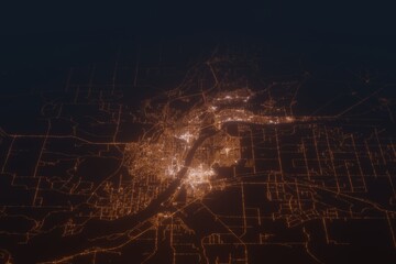 Aerial shot on Kennewick (Washington, USA) at night, view from east. Imitation of satellite view on modern city with street lights and glow effect. 3d render